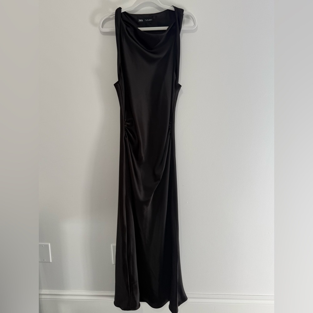 ZARA Black Satin Slip Midi Dress | Cowl Neck Ruched Bodycon Evening Dress L